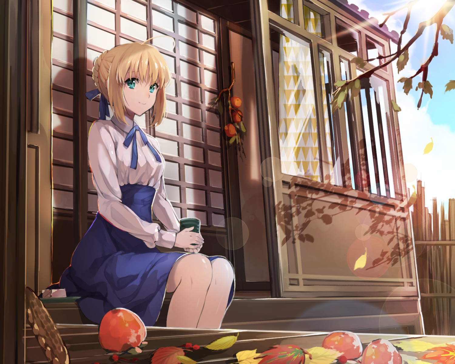 aqua_eyes, artoria_pendragon_(all), autumn, blonde_hair, building, cropped, dress, drink, fate_(series), fate/stay_night, food, fruit, ice_(ice_aptx), leaves, saber, stairs