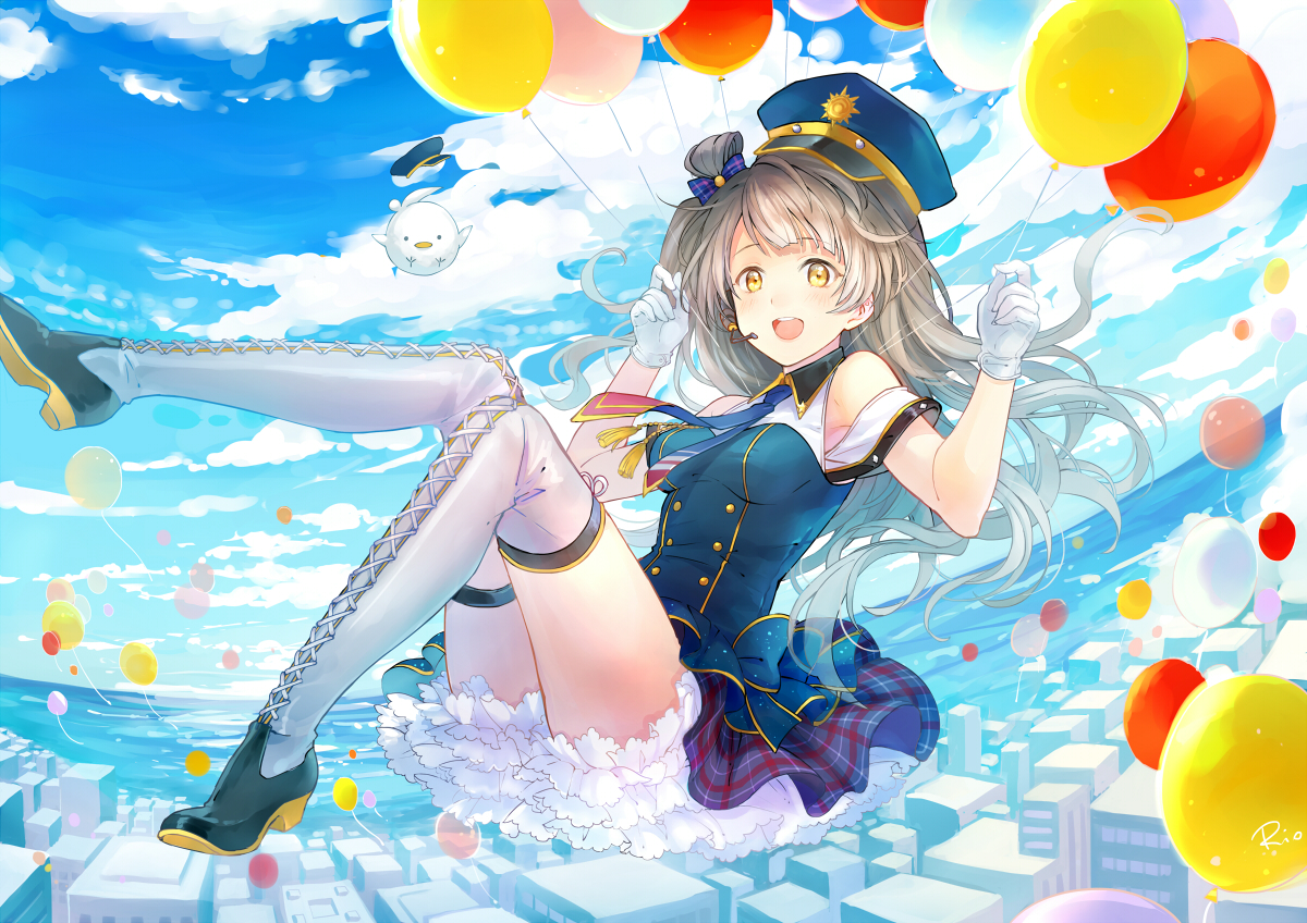 boots, brown_hair, building, city, clouds, gloves, hat, long_hair, love_live!_school_idol_project, minami_kotori, rio_(9251843), sky, thighhighs, yellow_eyes