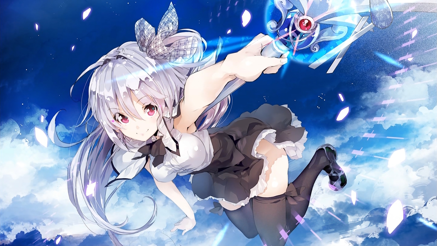 bow, clouds, gray_hair, iris_freyja, juuoumujin_no_fafnir, long_hair, nopan, petals, red_eyes, school_uniform, skirt_lift, sky, thighhighs, weapon, yuugen