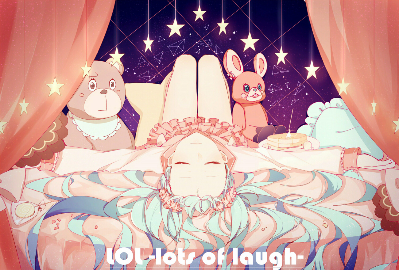 bed, blue_hair, candy, hatsune_miku, lococo:p, long_hair, lots_of_laugh_(vocaloid), stars