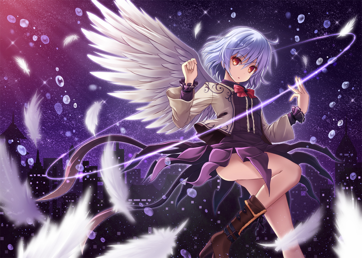 akashio_(loli_ace), boots, bow, bubbles, building, city, feathers, gray_hair