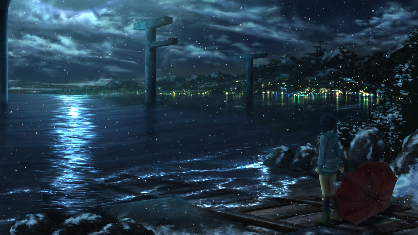 ichimiya_(araintell), nagi_no_asukara, night, scenic, shiodome_miuna, snow, umbrella, water
