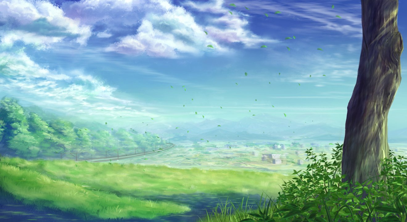clouds, grass, ichimiya_(araintell), no_humans, petals, scenic, sky, tree
