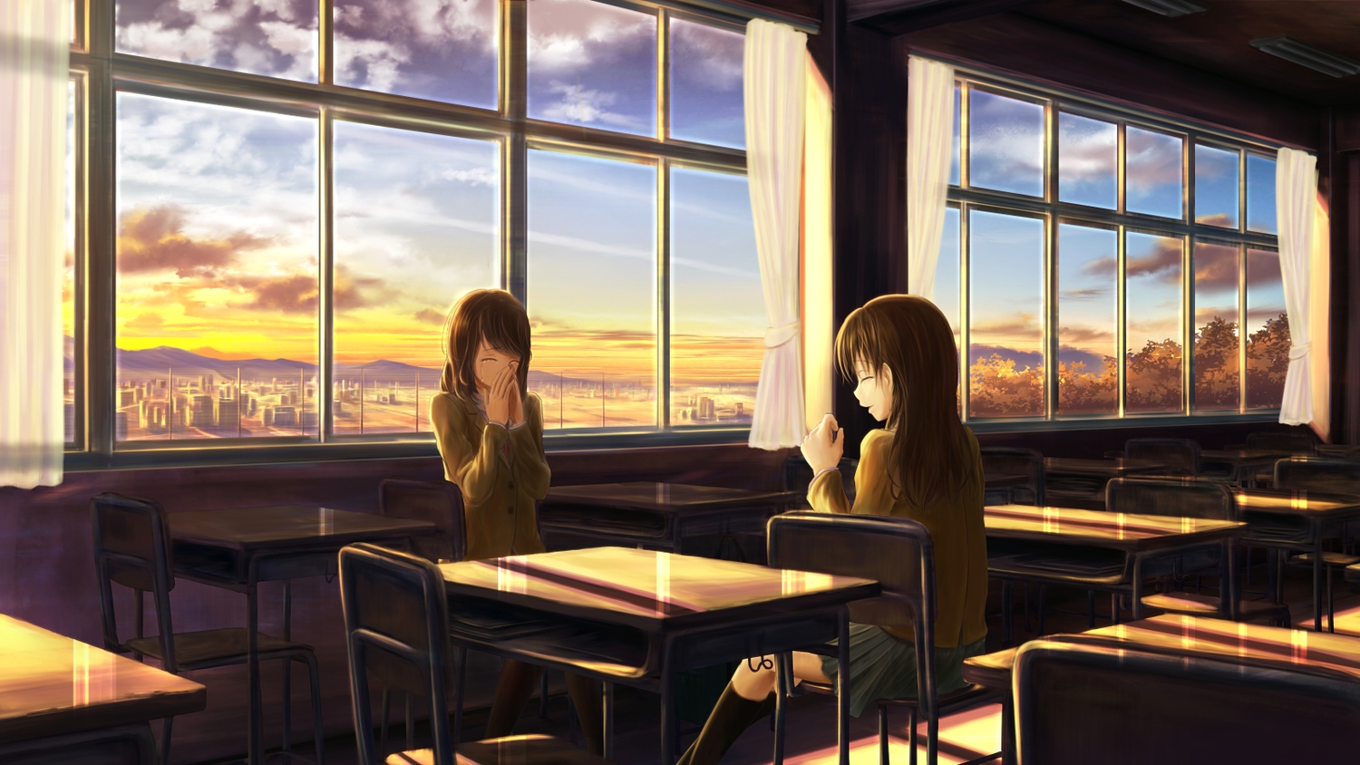 2girls, brown_hair, building, city, crying, ichimiya_(araintell), long_hair, original