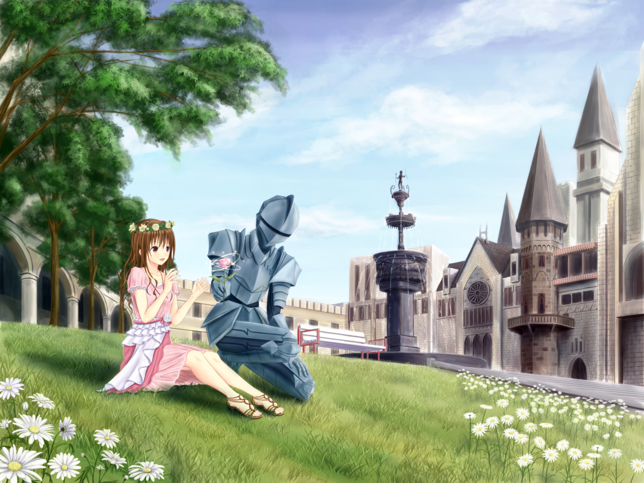 armor, brown_hair, building, dress, flowers, grass, headdress, ichimiya_(araintell)