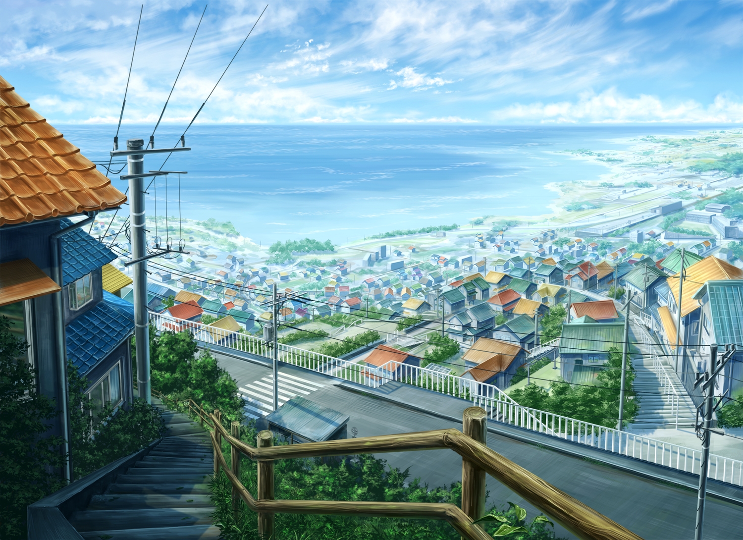 building, city, ichimiya_(araintell), leaves, no_humans, original, scenic, stairs