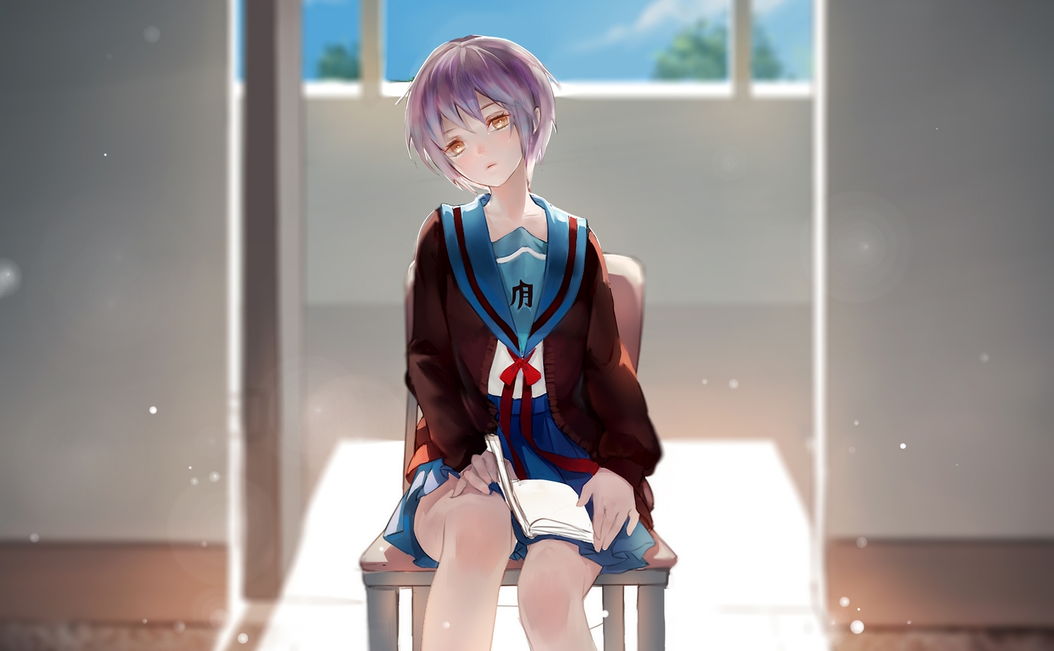 blush, book, bow, brown_eyes, cropped, kamachi_kamachi-ko, nagato_yuki, purple_hair