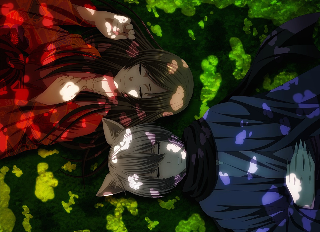 animal_ears, brown_hair, harumishi, kamisama_hajimemashita, male, momozono_nanami, tomoe_(kamisama_hajimemashita), white_hair