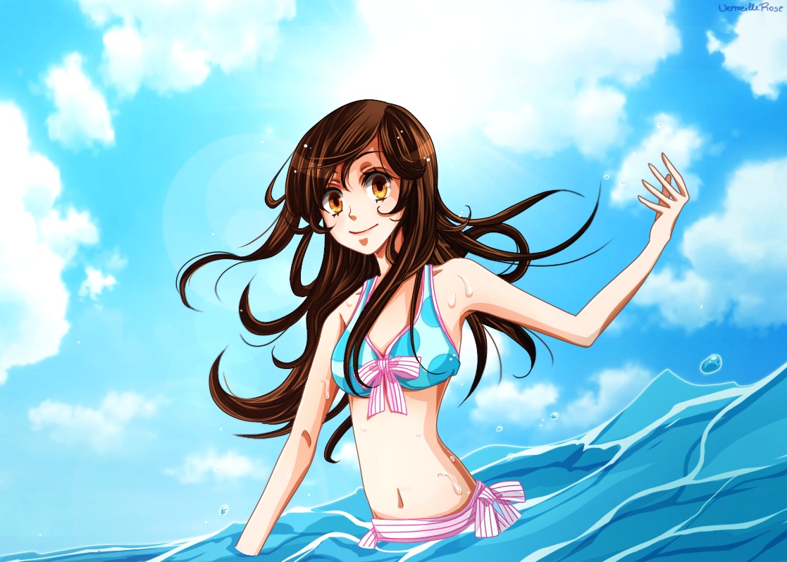 bikini, brown_hair, clouds, kamisama_hajimemashita, momozono_nanami, navel, swimsuit, vermeillerose, water, yellow_eyes