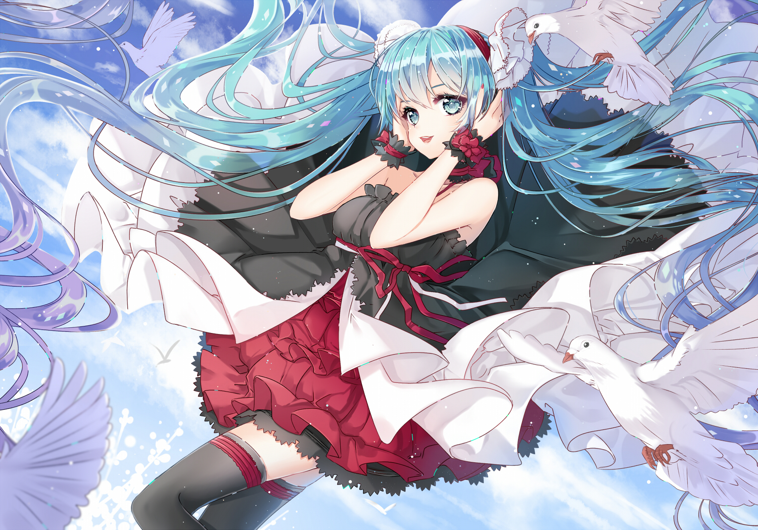 blue_eyes, blue_hair, dress, hatsune_miku, long_hair, thighhighs, twintails, vocaloid