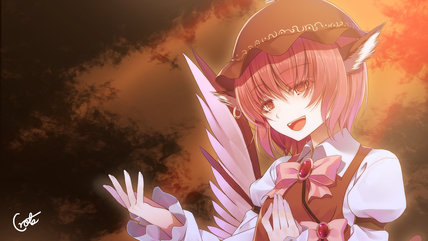 animal_ears, bow, crote, hat, mystia_lorelei, pink_hair, short_hair, signed, touhou, wings