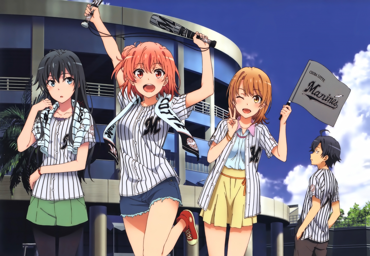 baseball, black_hair, blue_eyes, brown_hair, hikigaya_hachiman, isshiki_iroha, male, orange_eyes