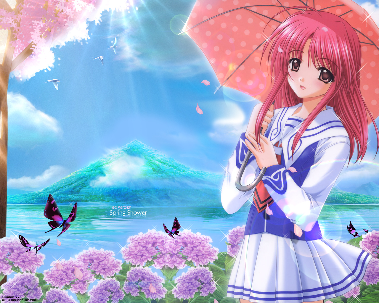agatsuma_mizuki, brown_eyes, butterfly, cherry_blossoms, flowers, nishimata_aoi, pink_hair, school_uniform, umbrella, yumeria
