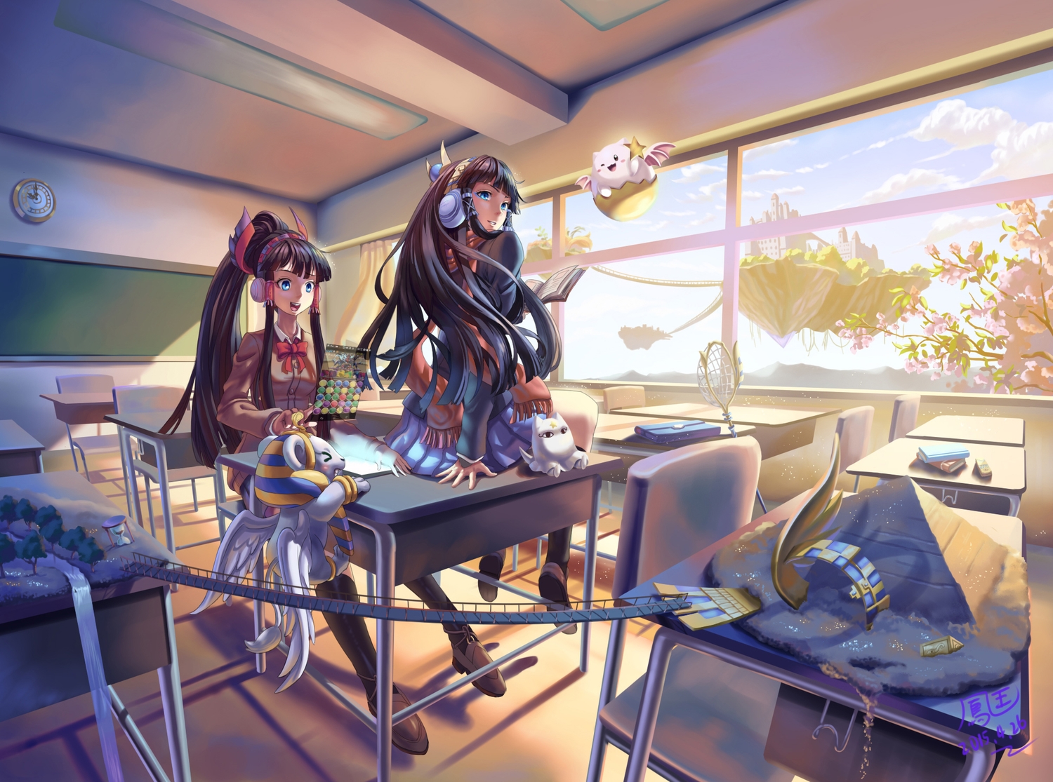 2girls, animal, black_hair, book, brown_hair, building, clouds, headdress