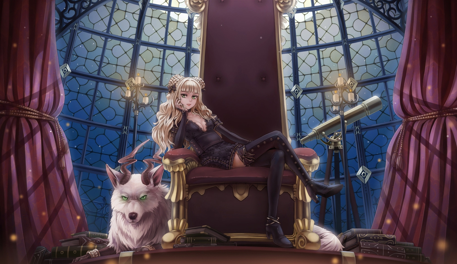 animal, blonde_hair, book, boots, braids, breasts, cleavage, corset, dress, horns, jpeg_artifacts, long_hair, night, poison_pink, raki, stars, sunimu, thage, thighhighs, wolf