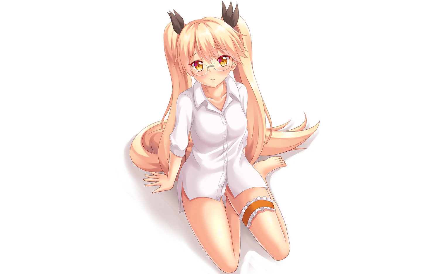 barefoot, blonde_hair, blush, doggirl, fast-runner-2024, garter, glasses, long_hair, retoree_(show_by_rock!!), shirt, show_by_rock!!, tail, twintails, underwear, white, yellow_eyes