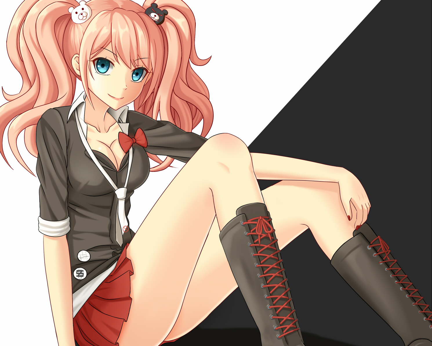 aqua_eyes, boots, breasts, cleavage, cropped, dangan-ronpa, enoshima_junko, kurisu-kun, pink_hair, skirt, twintails