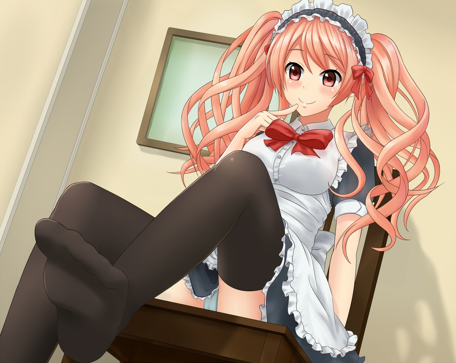 apron, bow, close, headband, kurisu-kun, maid, original, panties, pink_hair, red_eyes, thighhighs, twintails, underwear, upskirt