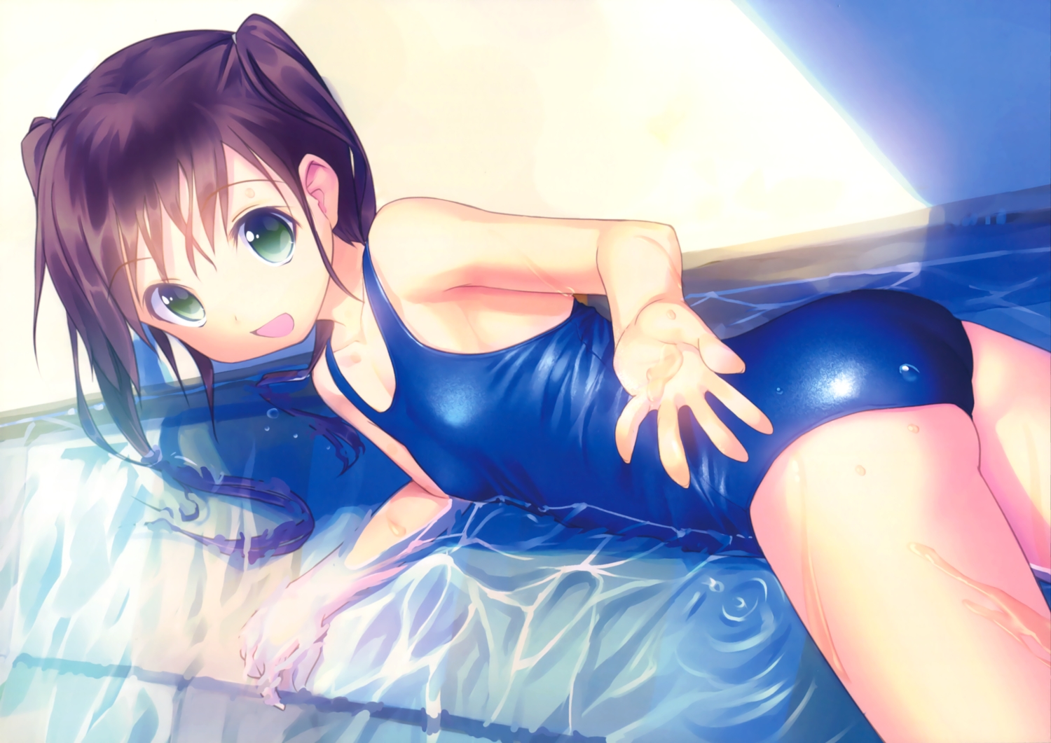 brown_hair, flat_chest, green_eyes, kogemashita, original, scan, school_swimsuit, swimsuit, takoyaki_(roast), twintails, water, wet