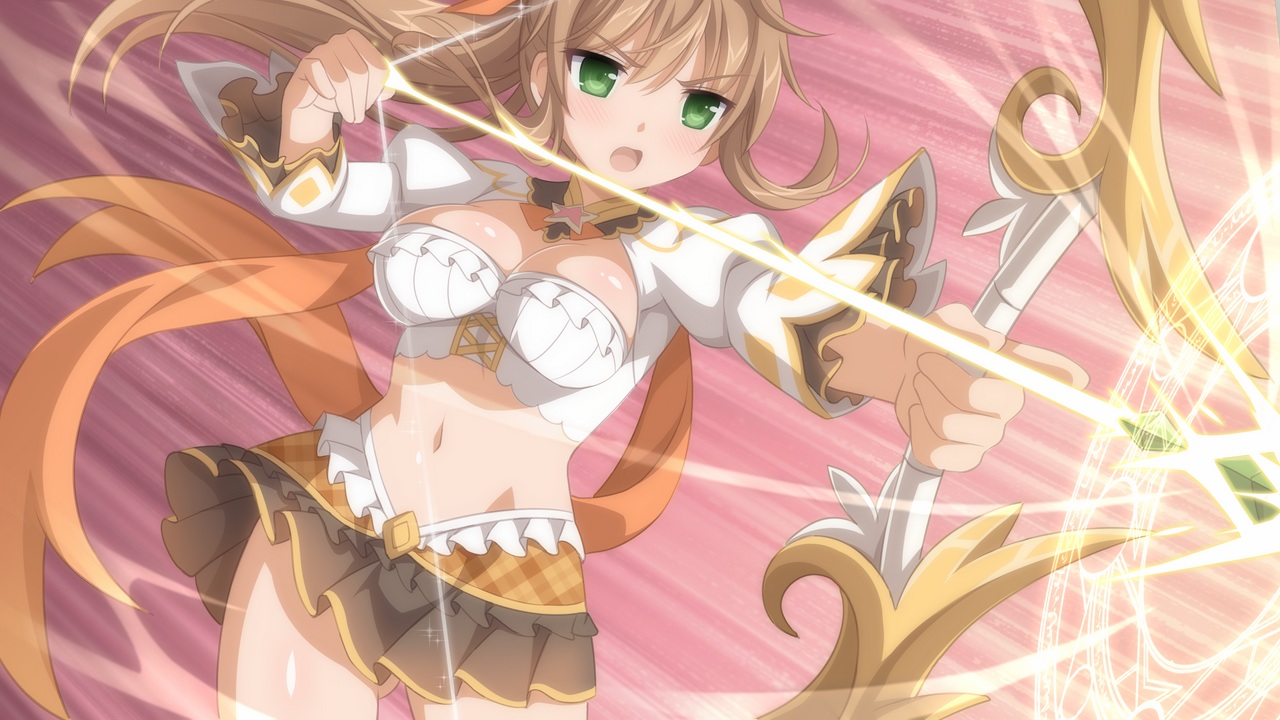 bikini_top, blonde_hair, bow_(weapon), breasts, cleavage, collar, game_cg, green_eyes