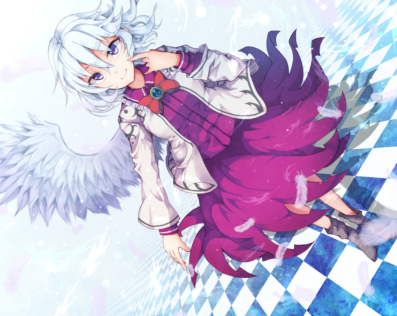 blue_eyes, boots, bow, feathers, furapechi, kishin_sagume, short_hair, touhou