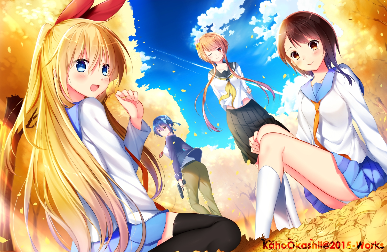 autumn, blonde_hair, blue_eyes, blue_hair, blush, brown_eyes, brown_hair, clouds