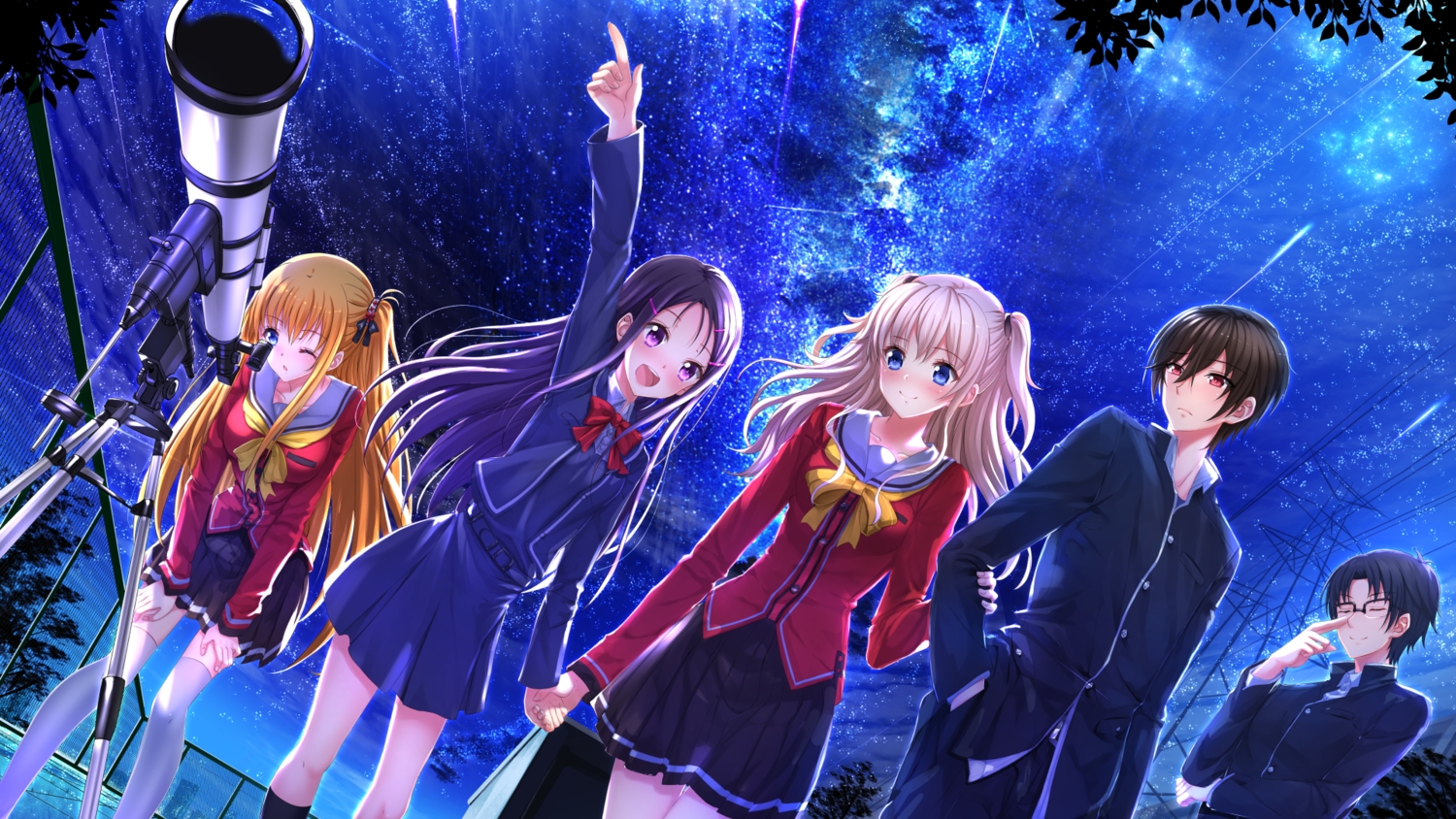 blue, charlotte, glasses, group, long_hair, male, night, nishimori_yusa