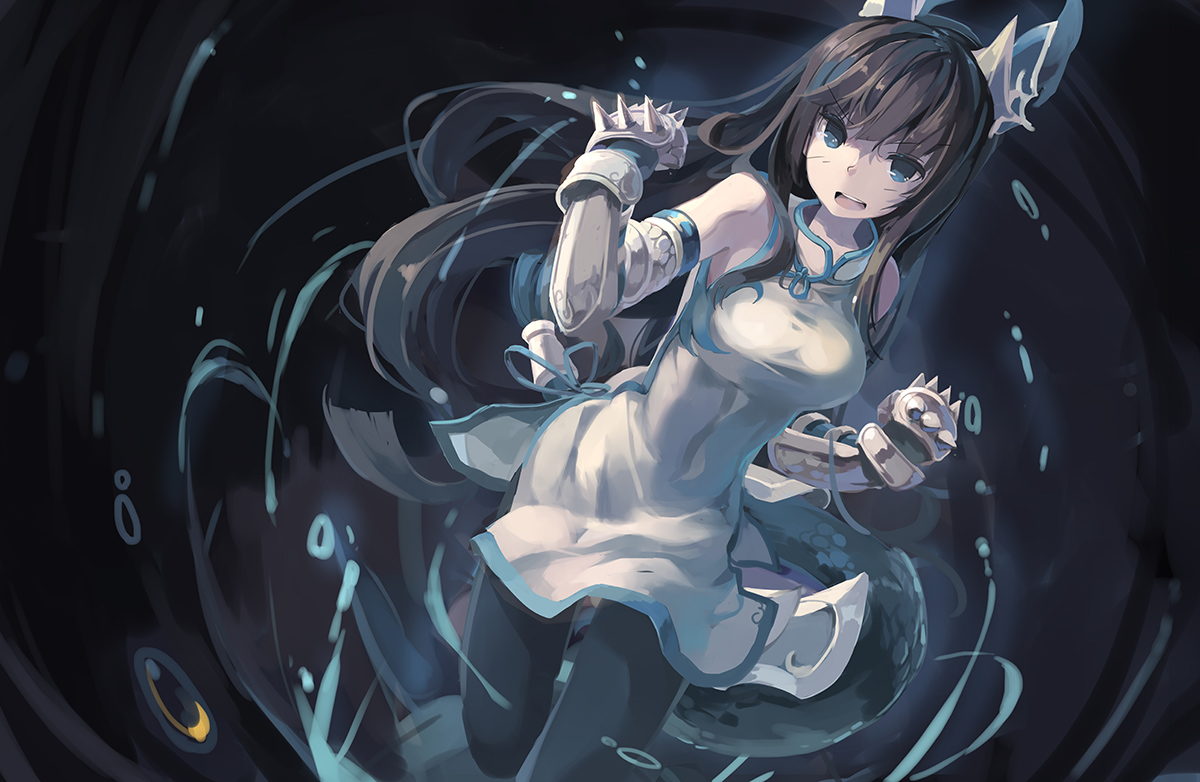 chinese_clothes, chinese_dress, dark, dress, elbow_gloves, gloves, huanxiang_huifeng, karin_(p&d), long_hair, pantyhose, puzzle_&_dragons, weapon