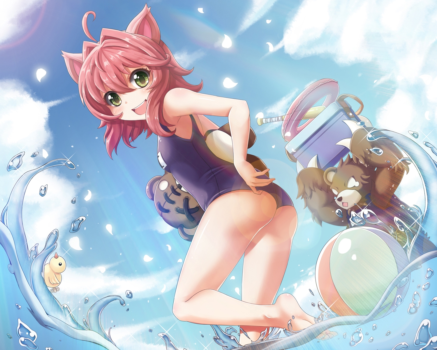 animal_ears, annie_hastur, ass, ball, baseball_bat, clouds, cropped, green_eyes, league_of_legends, loli, pink_hair, rubber_duck, school_swimsuit, short_hair, sky, sora_(dkssud6580), swim_ring, swimsuit, teddy_bear, tibbers_(league_of_legends), water