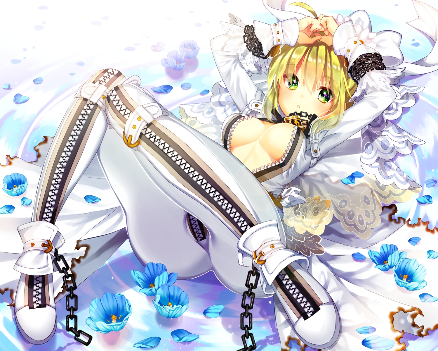 blonde_hair, bodysuit, bondage, bow, breasts, chain, cleavage, cropped, fate/extra, fate/extra_ccc, fate_(series), fate/stay_night, flowers, gabe_(seelunto), green_eyes, nero_claudius_(bride), nero_claudius_(fate), petals