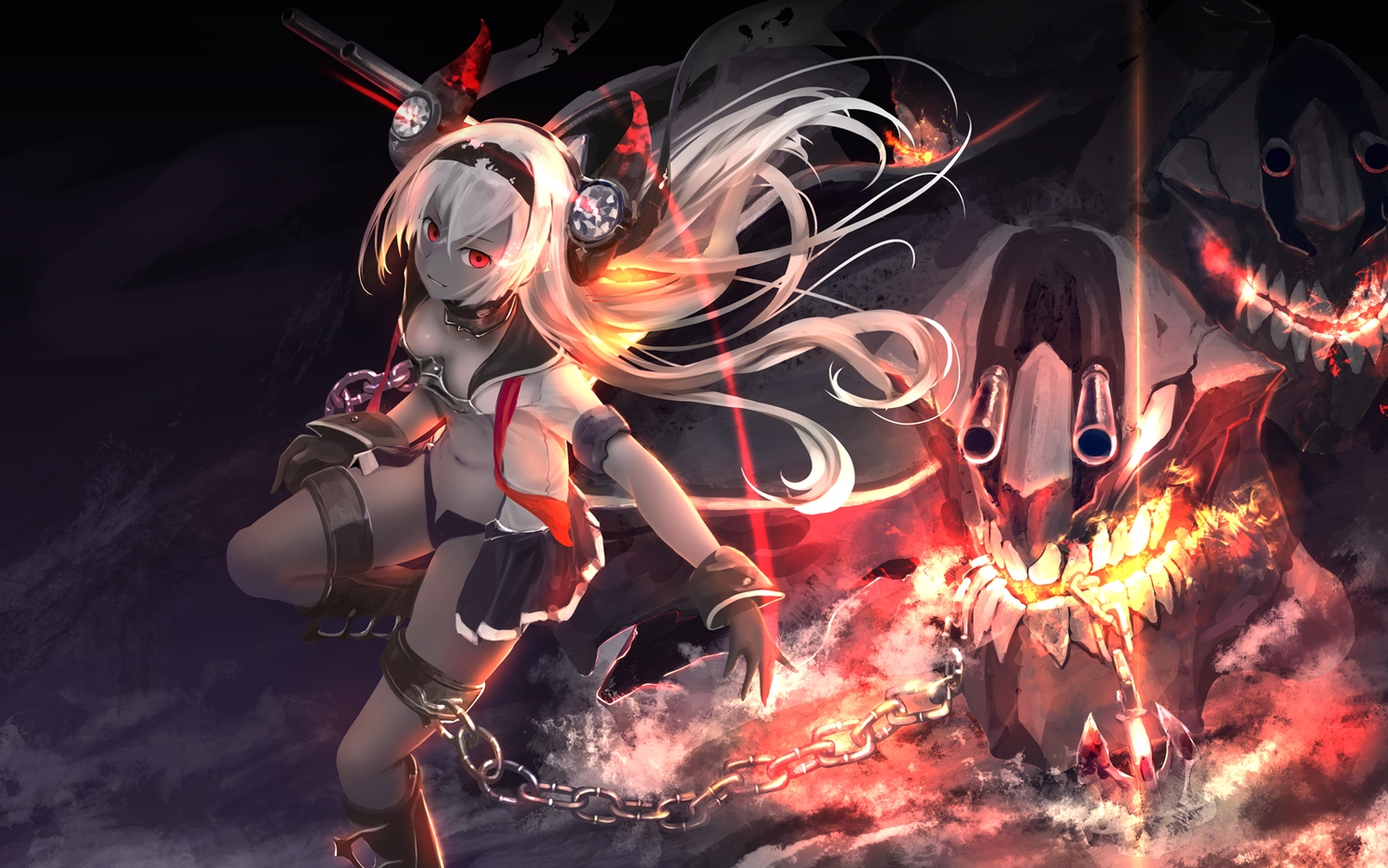 air_defense_hime_(kancolle), anthropomorphism, breasts, chain, cleavage, gloves, headband, horns, kantai_collection, kouji_(astral_reverie), long_hair, navel, open_shirt, red_eyes, school_uniform, skirt, white_hair