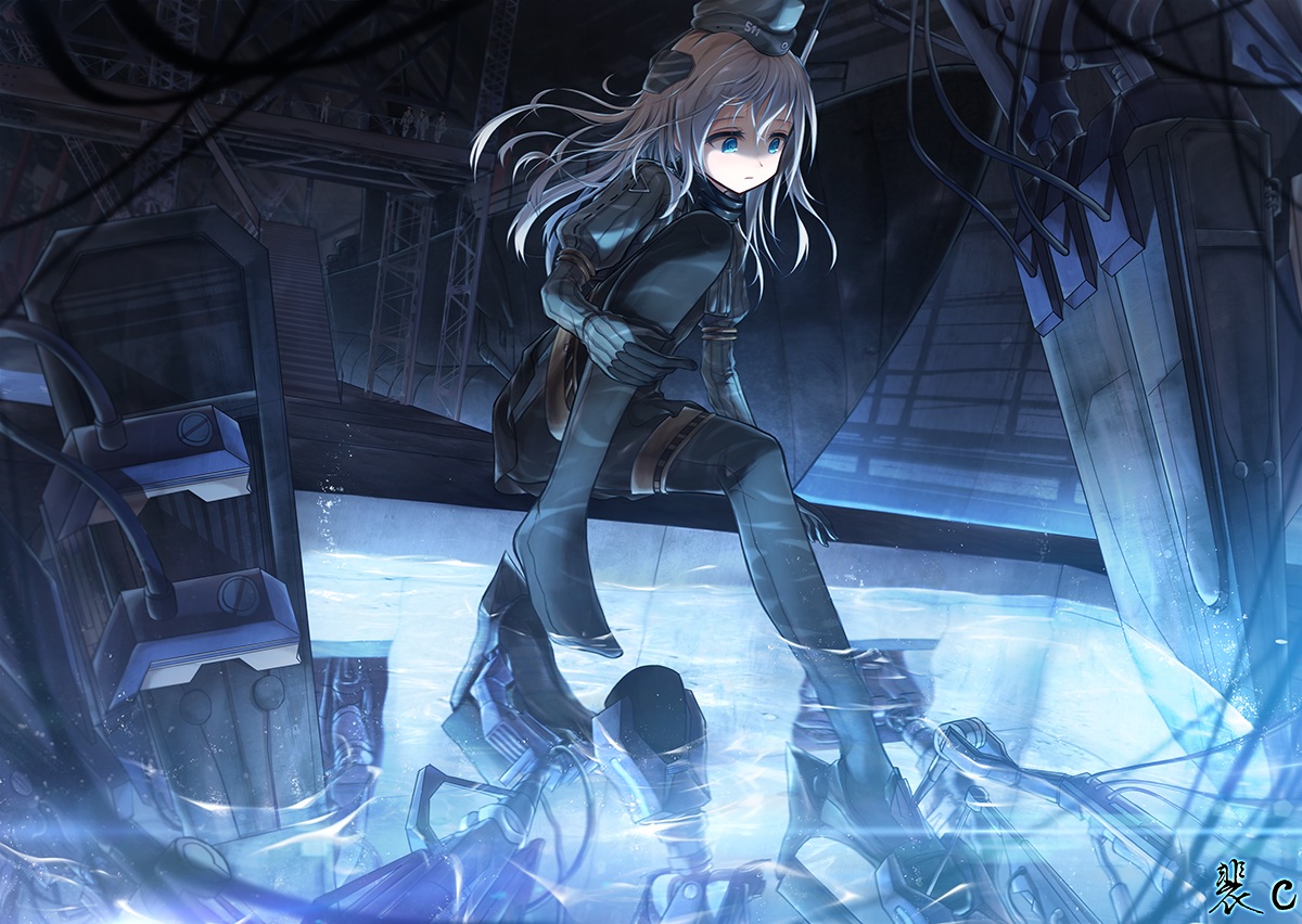 anthropomorphism, aqua_eyes, bae.c, blonde_hair, blue, dark, hat, industrial