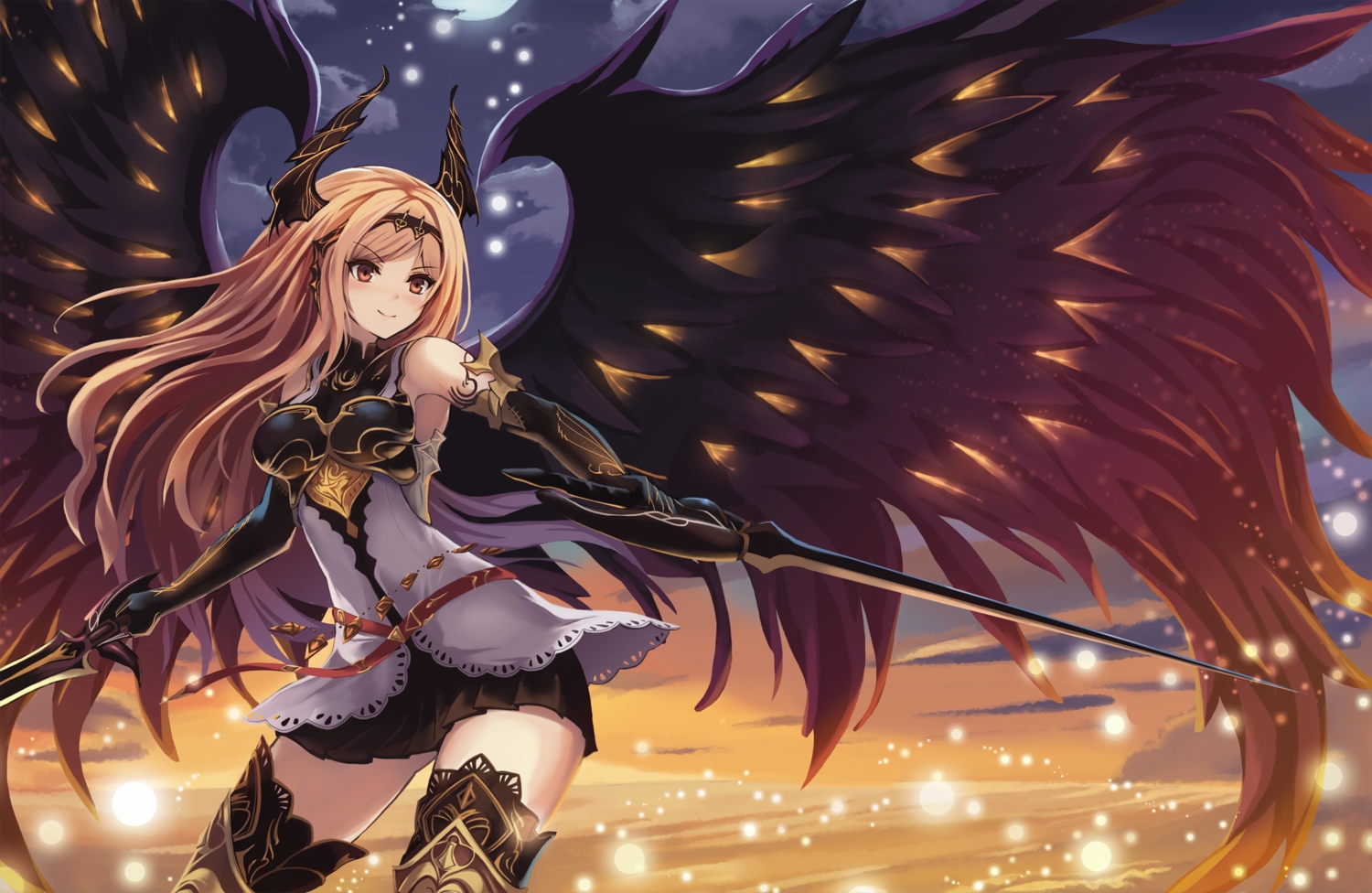 armor, blonde_hair, dark_angel_olivia, elbow_gloves, eruthika, gloves, headdress, horns, moon, shingeki_no_bahamut, skirt, sunset, sword, thighhighs, weapon, wings