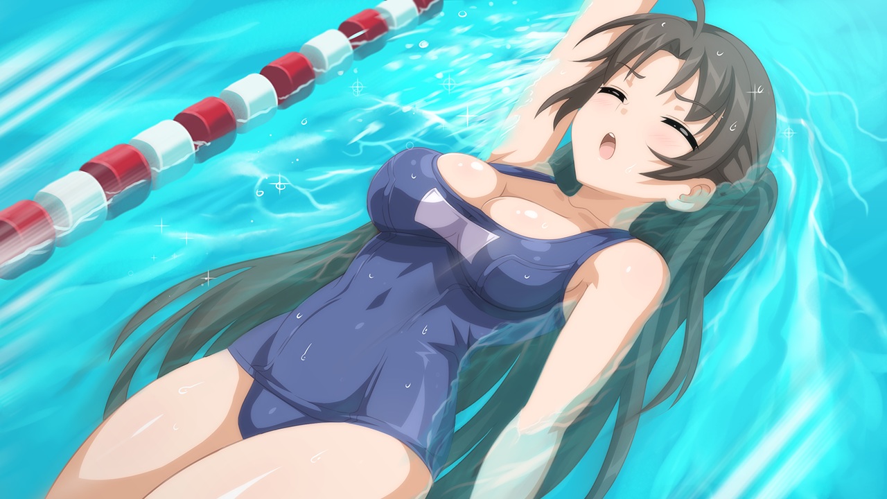 black_hair, game_cg, long_hair, mieko_(sakura_swim_club), ponytail, pool, sakura_swim_club, school_swimsuit, sport, swimsuit, wanaca, water, winged_cloud