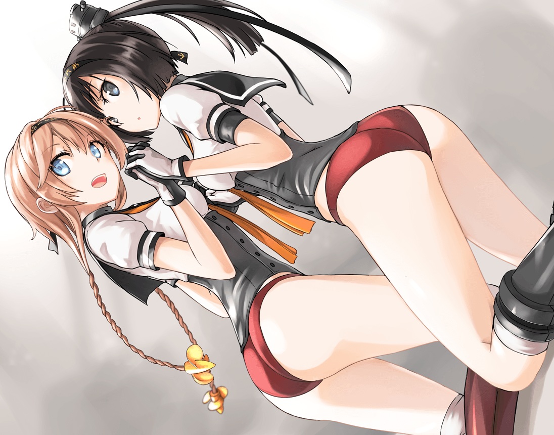 2girls, akizuki_(kancolle), anthropomorphism, ass, black_hair, blonde_hair, blue_eyes, boots