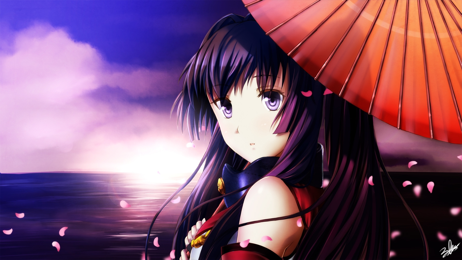 anthropomorphism, eru_(9878622), kantai_collection, long_hair, petals, signed, sky, umbrella, water, yamato_(kancolle)