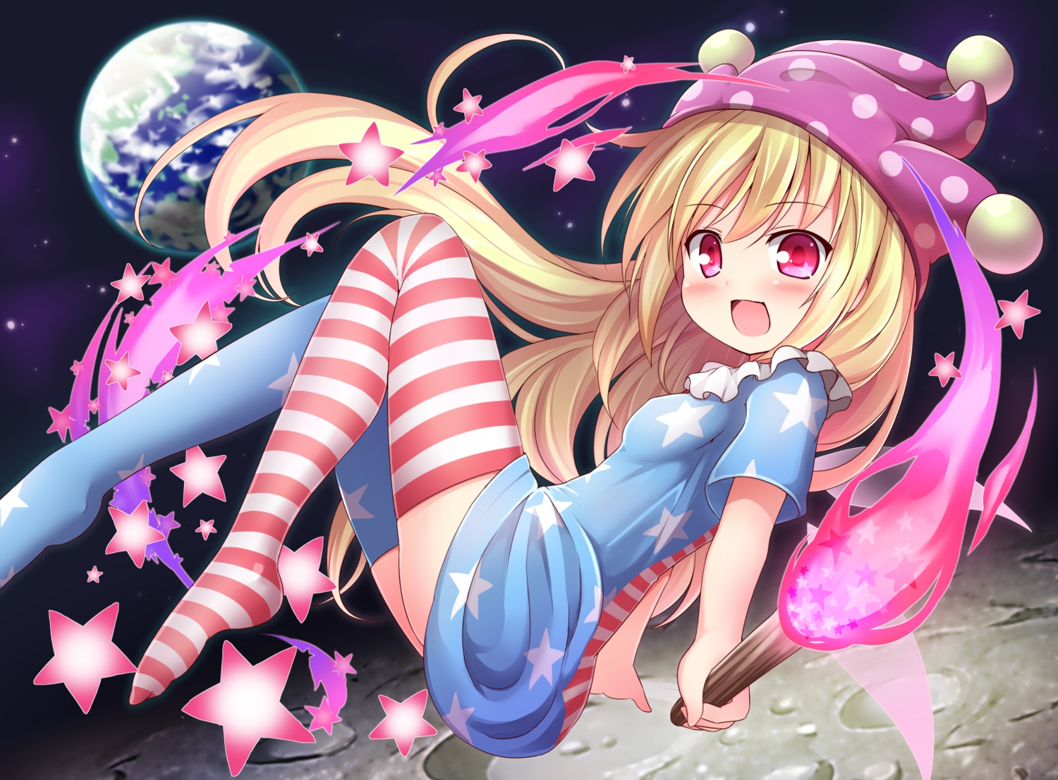 baku_ph, blonde_hair, clownpiece, earth, fairy, fire, hat, long_hair