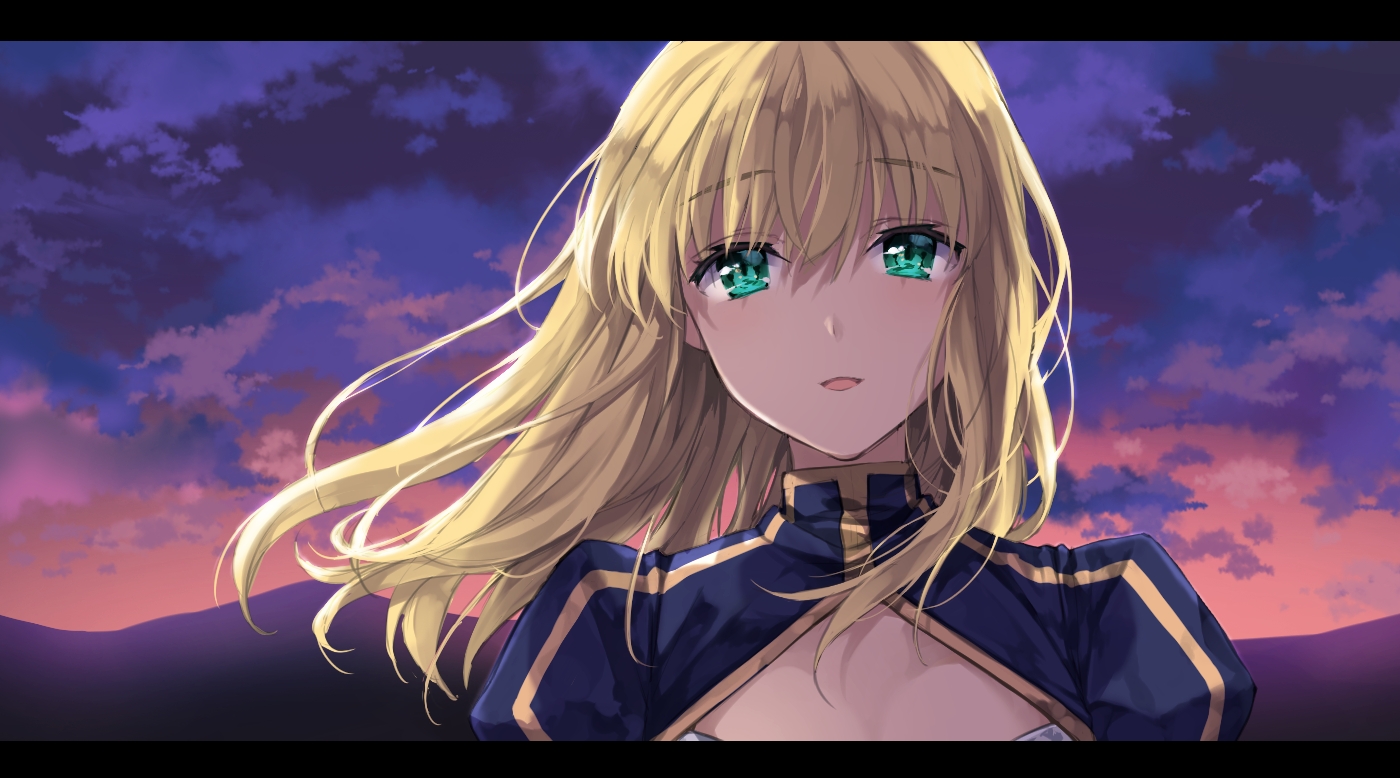 aqua_eyes, artoria_pendragon_(all), blonde_hair, clouds, fate_(series), fate/stay_night, ice_(ice_aptx), long_hair, saber, sky, sunset