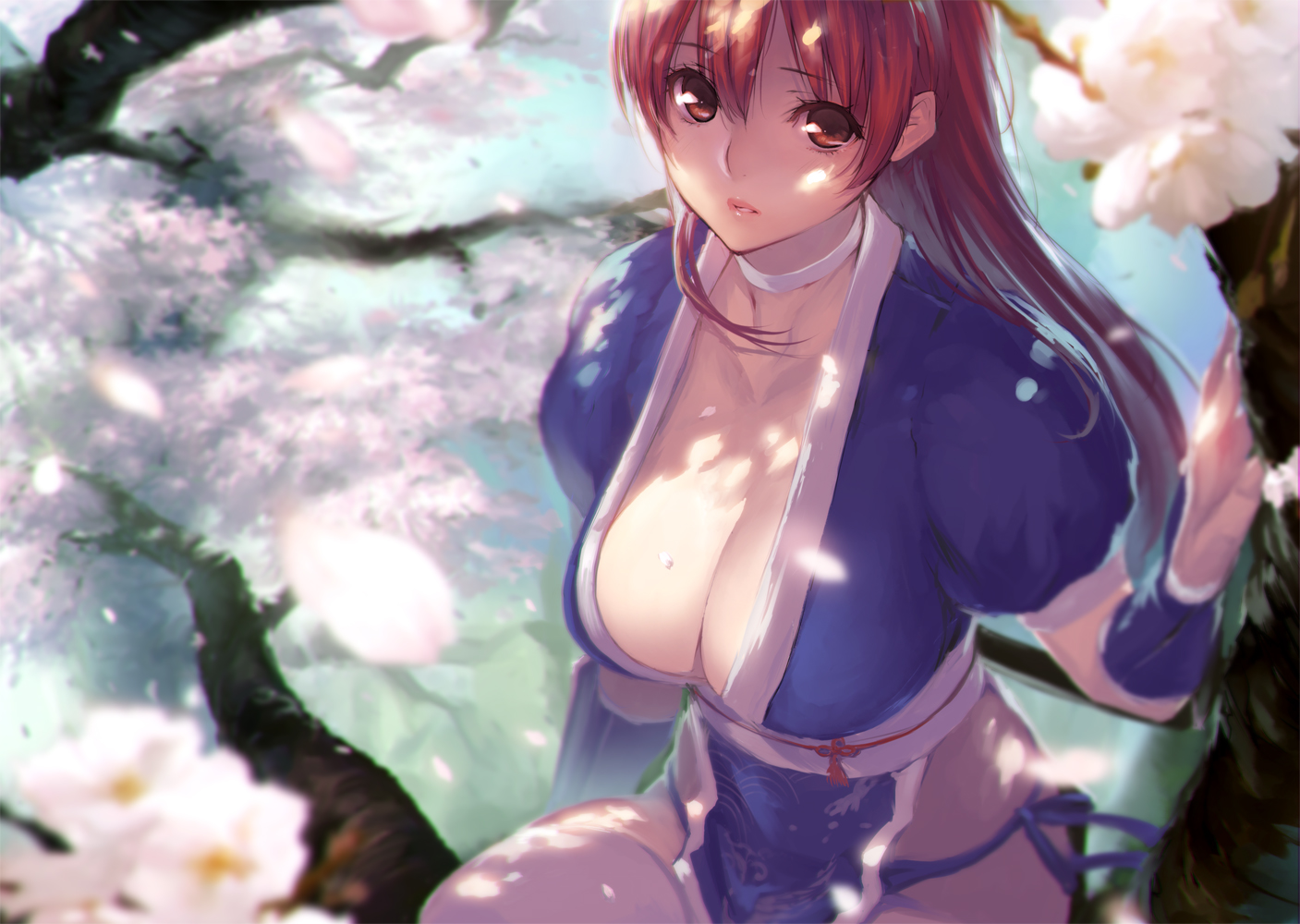 breasts, cherry_blossoms, choker, cleavage, dead_or_alive, flowers, japanese_clothes, kasumi, long_hair, petals, red_eyes, sasaoka_gungu, thighhighs, tree