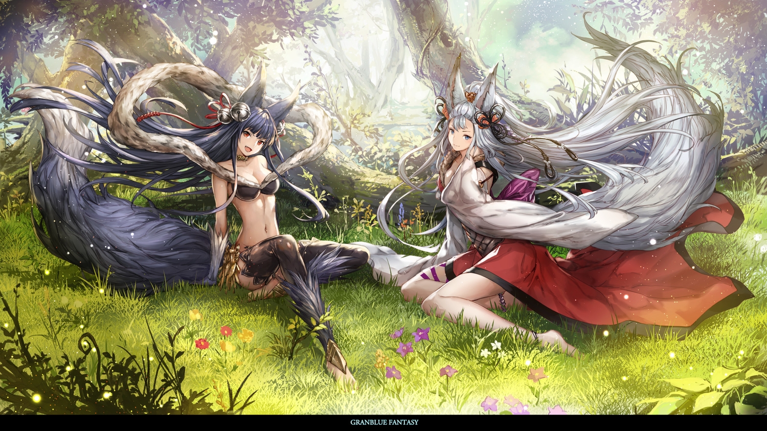 2girls, animal_ears, barefoot, bell, black_hair, breasts, cleavage, flowers, forest, foxgirl, gloves, granblue_fantasy, grass, komecchi, leaves, long_hair, navel, societte_(granblue_fantasy), tail, thighhighs, tree, white_hair, wolfgirl, yuel_(granblue_fantasy)