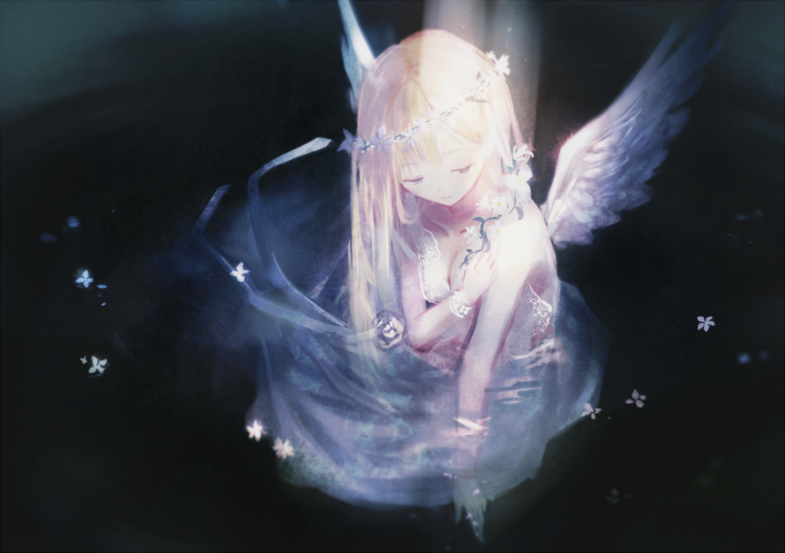 alt_(apou), angel, blonde_hair, breasts, cleavage, dress, original, wings