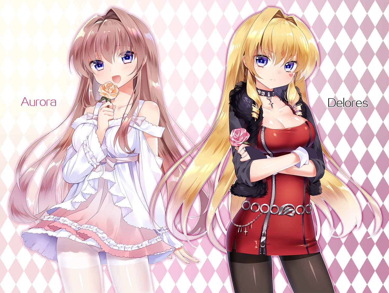 2girls, blonde_hair, blue_eyes, breasts, brown_hair, choker, cleavage, delores_(mvv)