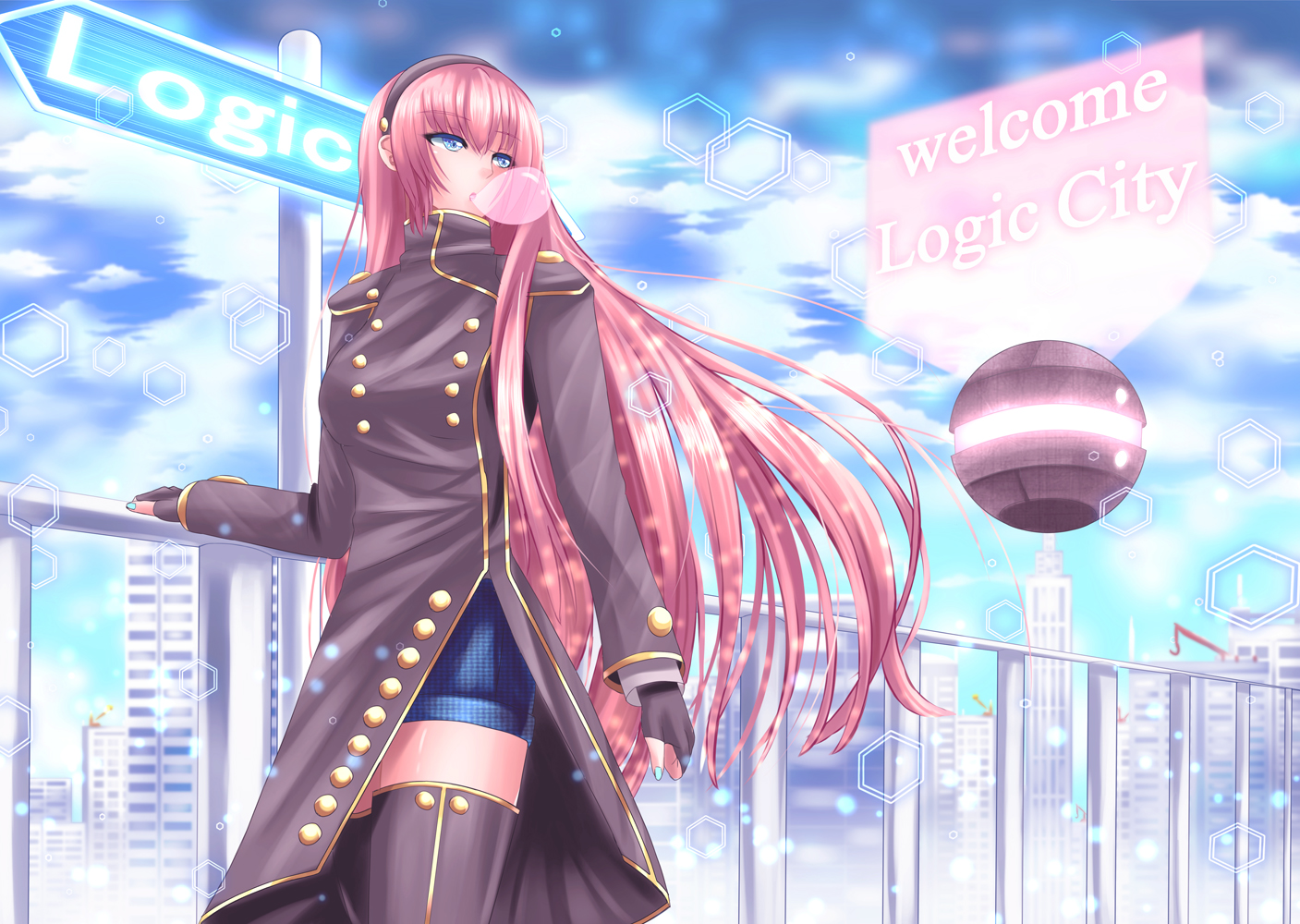 blue_eyes, building, city, fuyuki_jun, gloves, headband, long_hair, megurine_luka, pink_hair, sky, thighhighs, vocaloid, zettai_ryouiki