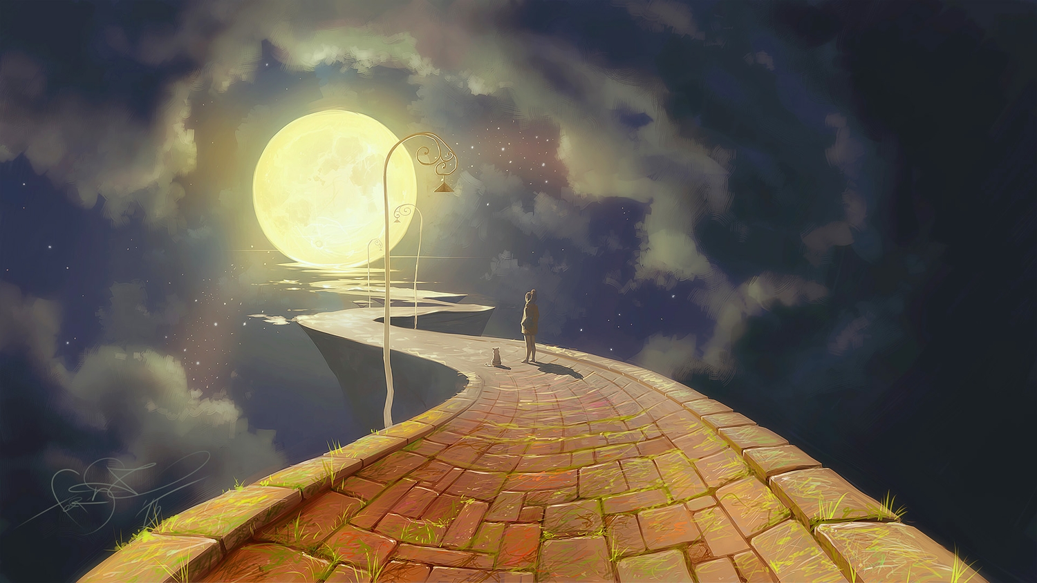 animal, cat, clouds, fear-sas, grass, moon, night, original, scenic, signed, sky, stars