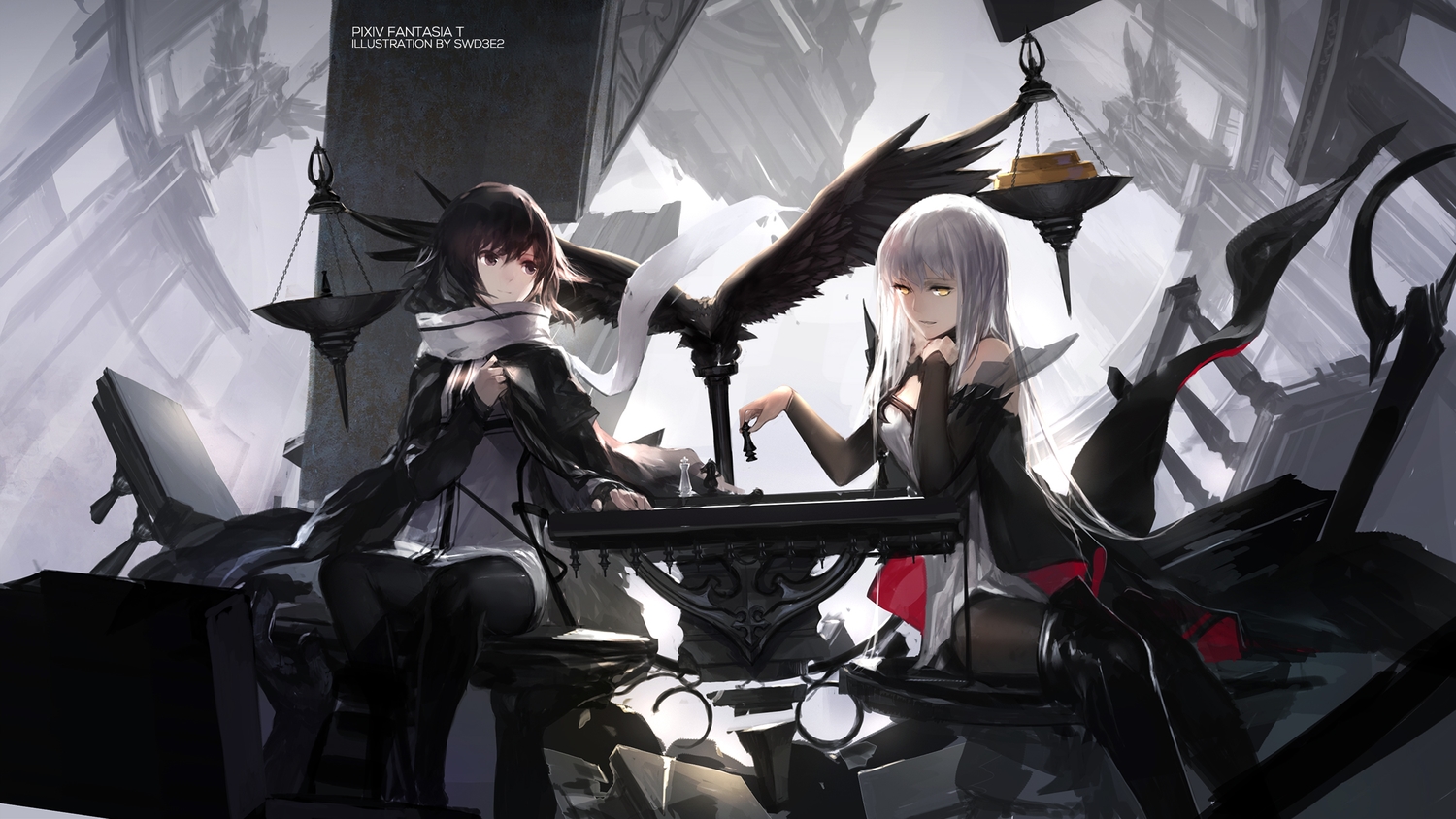 2girls, black_hair, cape, long_hair, original, pantyhose, paradise_(pffk), pixiv_fantasia, polychromatic, scarf, short_hair, swd3e2, white_hair