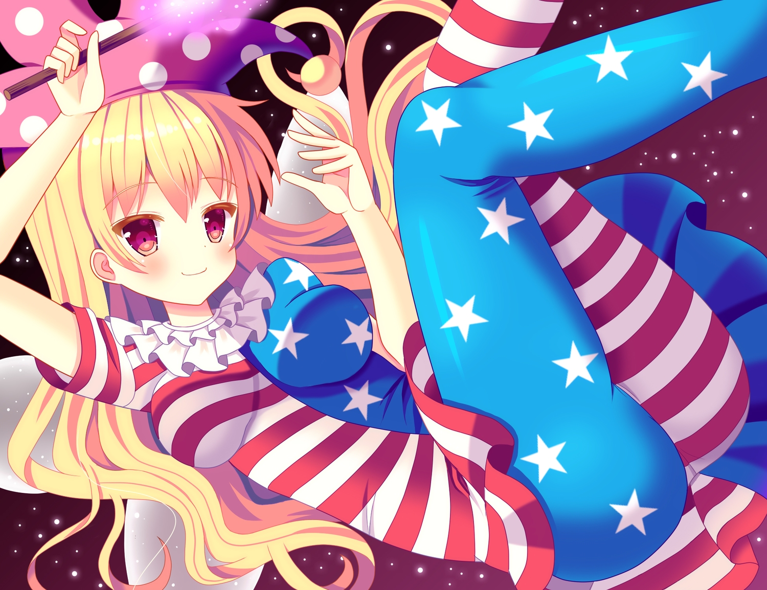blonde_hair, blush, breasts, clownpiece, hat, hazakura_satsuki, long_hair, pantyhose, touhou
