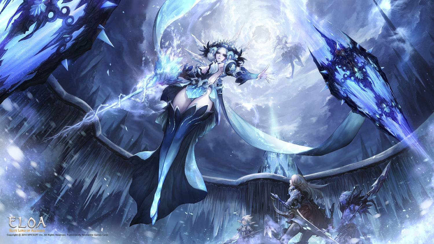 breasts, cleavage, danhu, eloa, group, headdress, logo, male, pointed_ears, sky, spear, sword, thighhighs, weapon