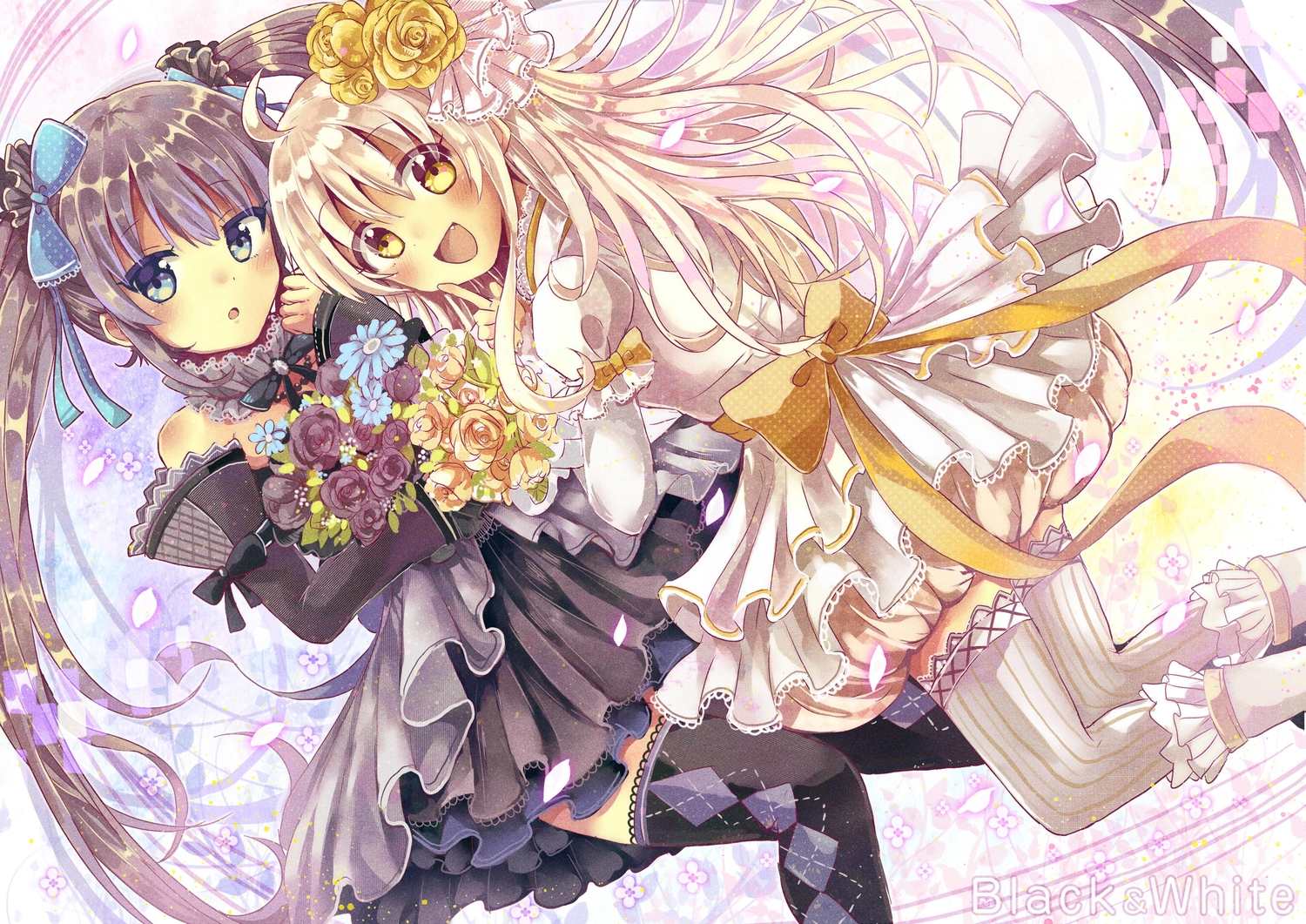 2girls, black_hair, dress, fang, lolita_fashion, long_hair, original, sakura_oriko