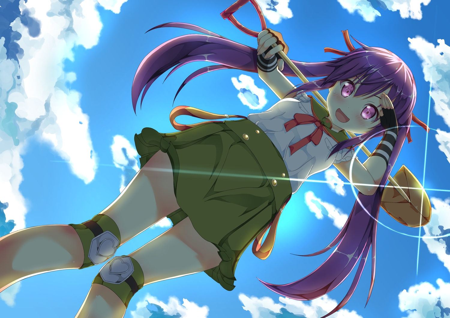 blush, bow, clouds, ebisuzawa_kurumi, gakkou_gurashi!, long_hair, purple_eyes, purple_hair