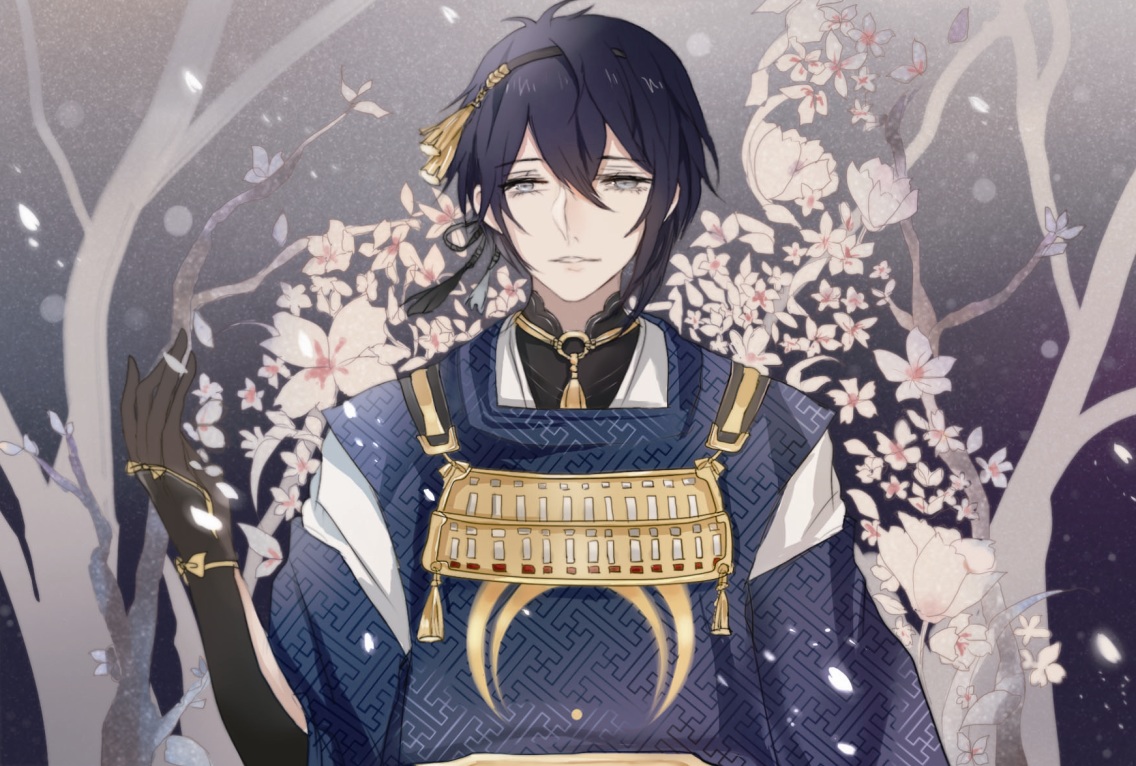 all_male, anthropomorphism, black_hair, gray_eyes, mada_(shizhou), male, mikazuki_munechika, touken_ranbu